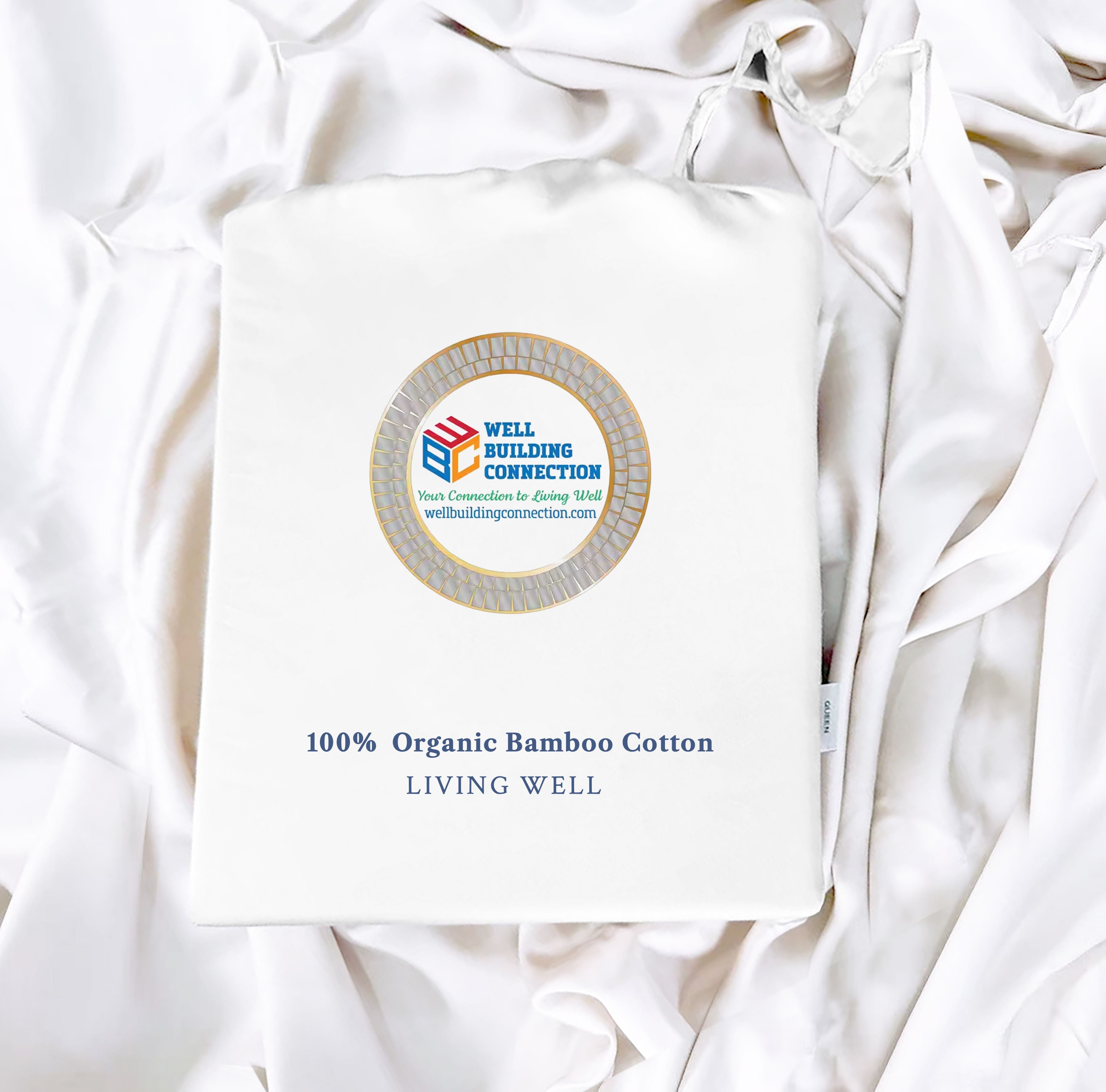 Packaged bamboo-cotton blend luxury sheet set with branding visible on the label, presented on a white background. Well Building Connection