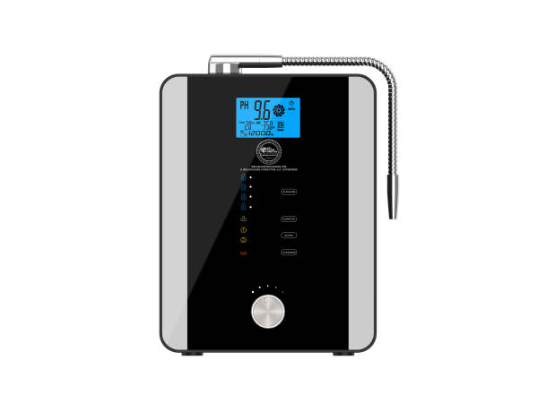 Well Building Connection's Kagan Water Ionizer. Digital display of a water quality meter with blue screen on a black background.