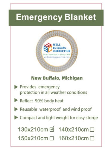 Circular silver emergency Mylar thermal blanket with a red stripe, packaged in a cardboard sleeve with branding and product information. Well building connection Emergency Mylar Thermal Survival and Camping Blankets
Stay warm, dry, and protected in any situation with the Well Emergency Mylar Thermal Survival and Camping Blankets.