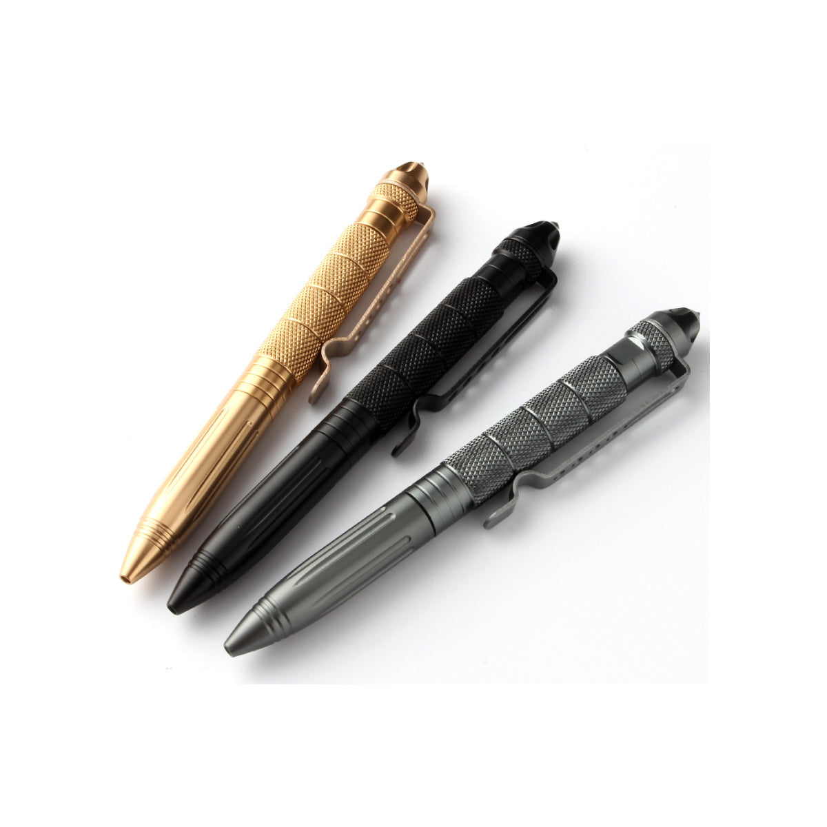 Three emergency pens with a tactical design, including glass breaker tips, displayed in silver, black, and bronze colors.