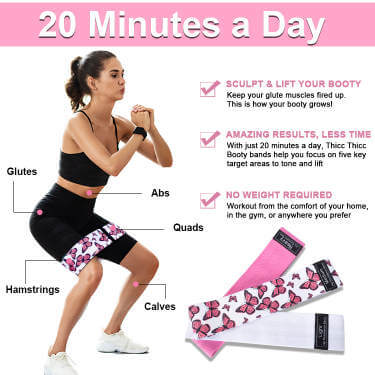 Woman exercising with pink fabric resistance bands, targeting glutes and quads. Includes product features and benefits for quick workouts.