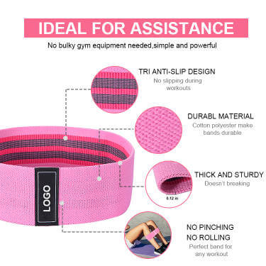 Pink fabric resistance band with anti-slip design, durable material, and thick sturdy build. Ideal for workouts without pinching or rolling.