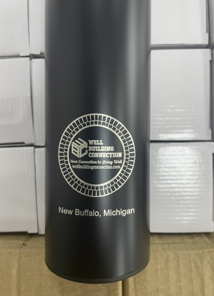 A black insulated stainless steel water bottle with an LED temperature display and a white circular Well Building Connection logo on the front.