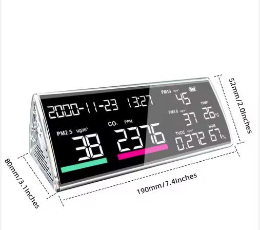 Digital 9 in 1 air quality monitor with various readings on a white background. pm 2.5, CO2, and Radon Monitoring