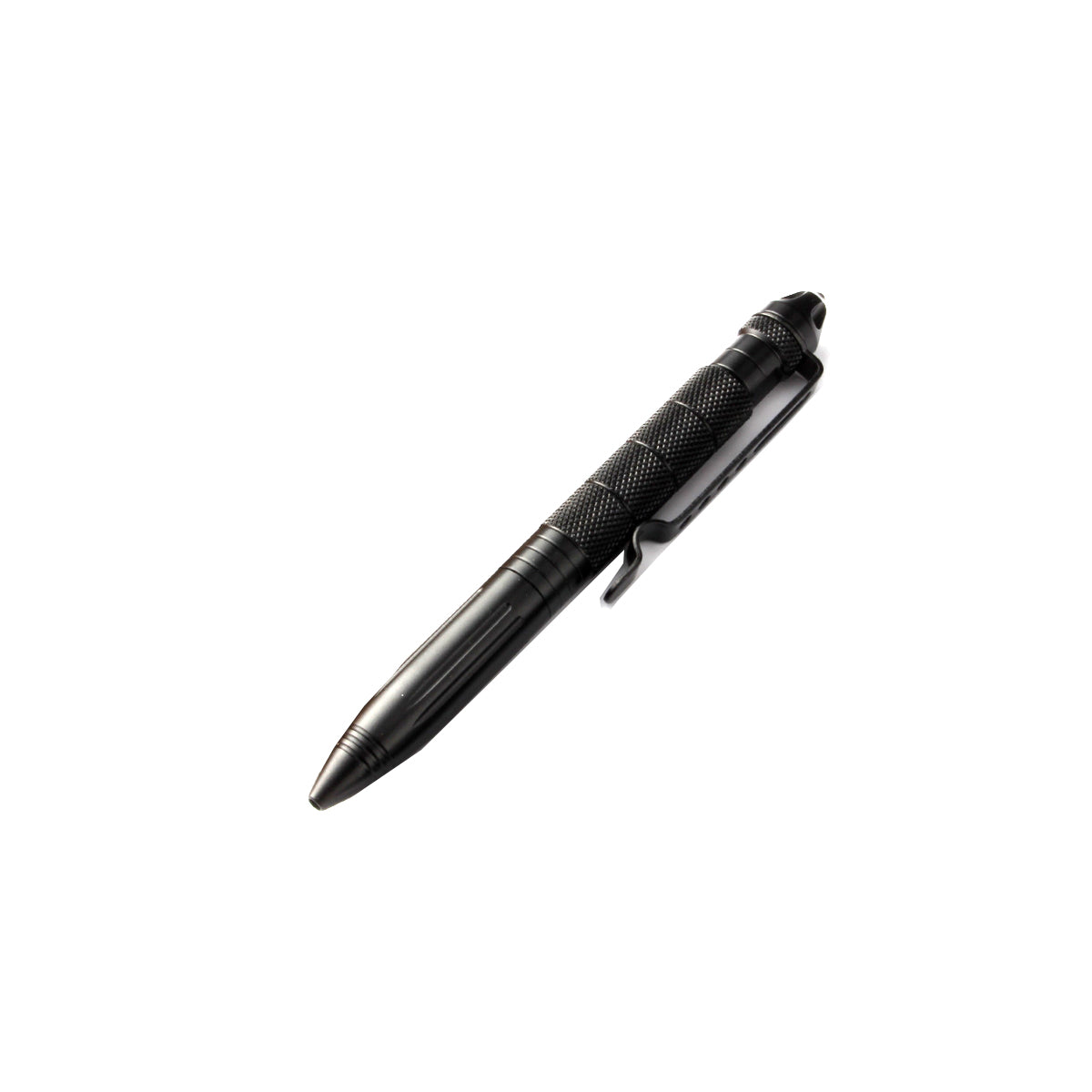 Three emergency pens with a tactical design, including glass breaker tips, displayed in silver, black, and bronze colors.