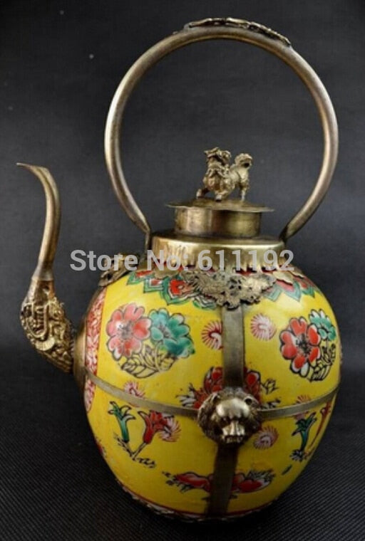 Tibetan Antique Teapot With Cloisonne lion flagon - Livingwellcafe.com